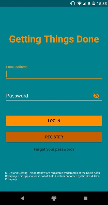 Screenshot of the Getting Things Done application login page