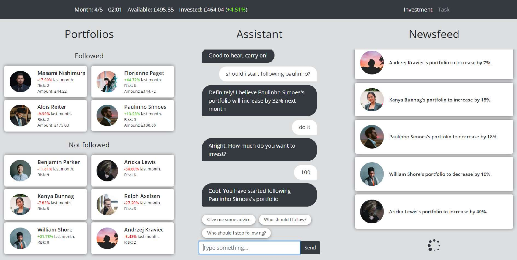 Screenshot of the chatbot social trading assistant