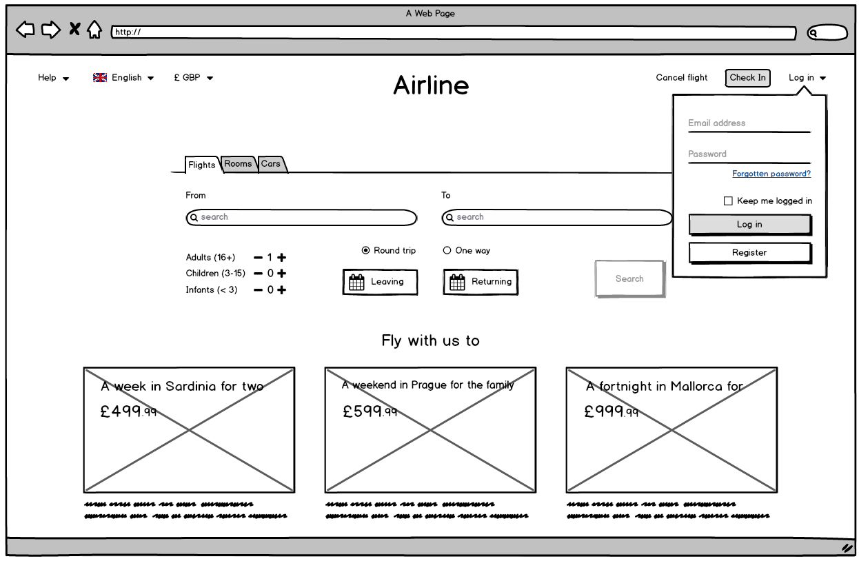 Screenshot of the airline website homepage