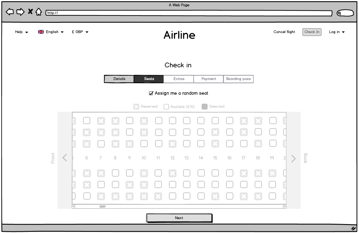 Screenshot of the airline website check in random seat selected page
