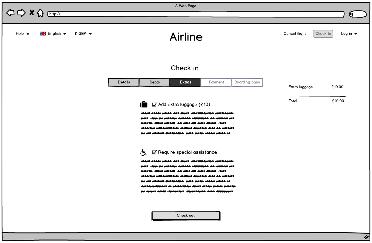 Screenshot of the airline website check in extras page