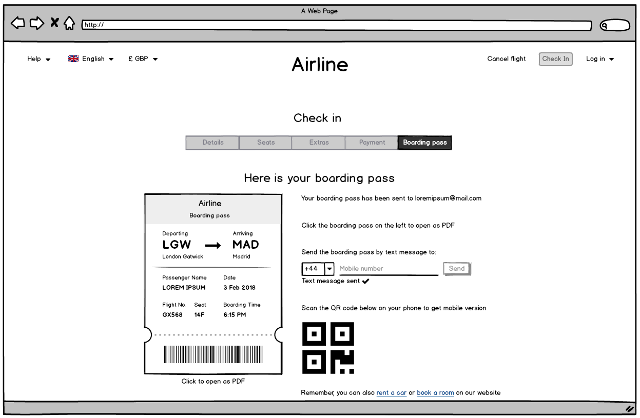Screenshot of the airline website boarding pass page