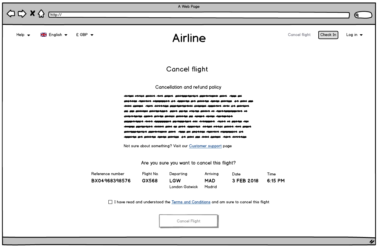Screenshot of the airline website cancel flight page