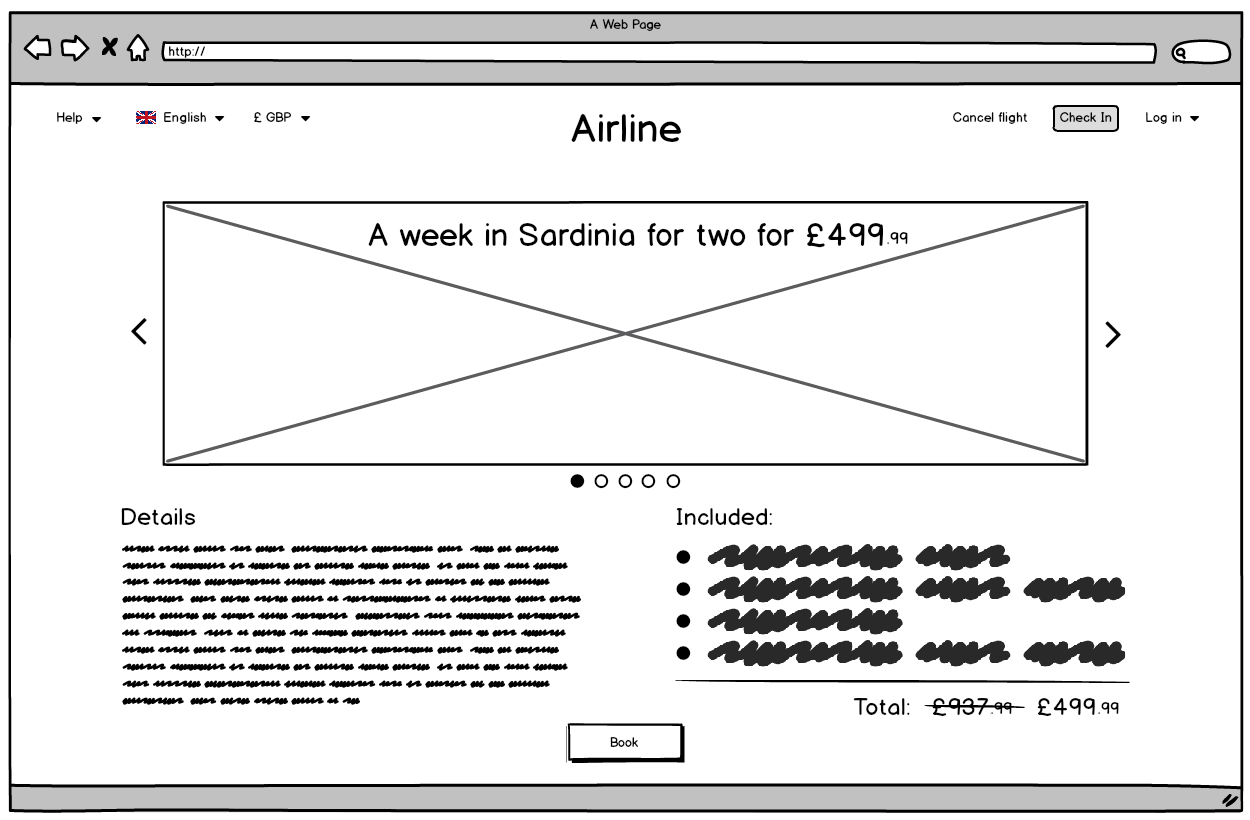 Screenshot of the airline website promotional holiday package page