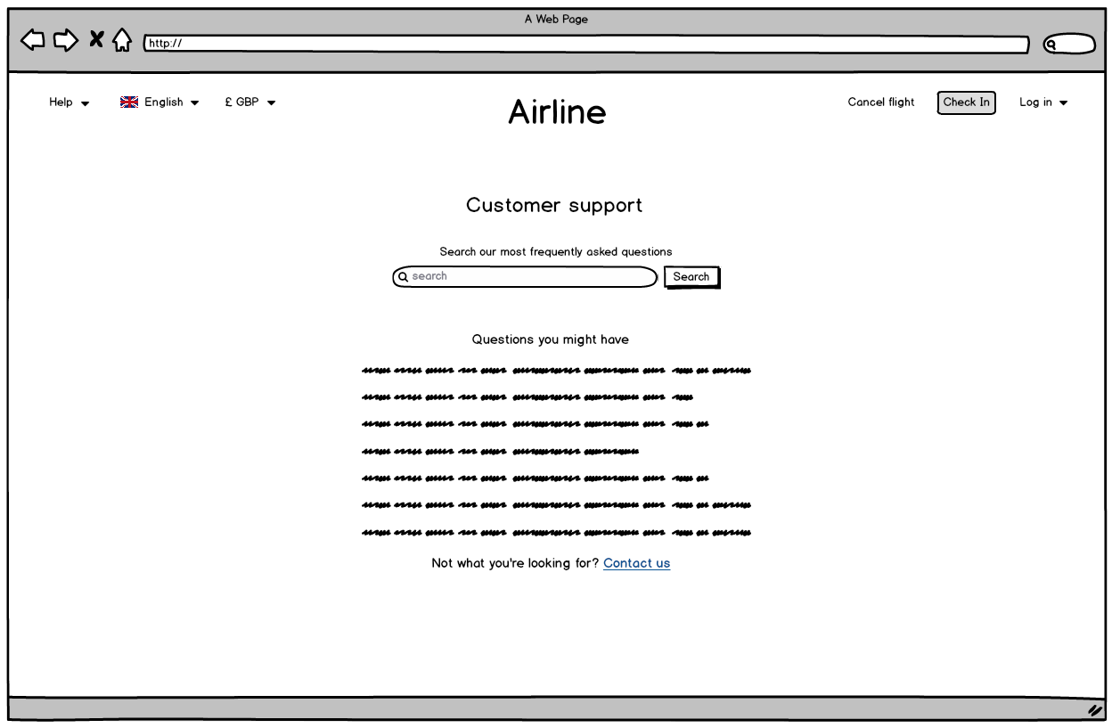 Screenshot of the airline website customer support page