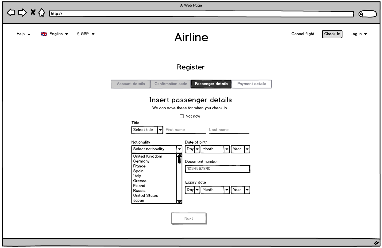 Screenshot of the airline website registration page