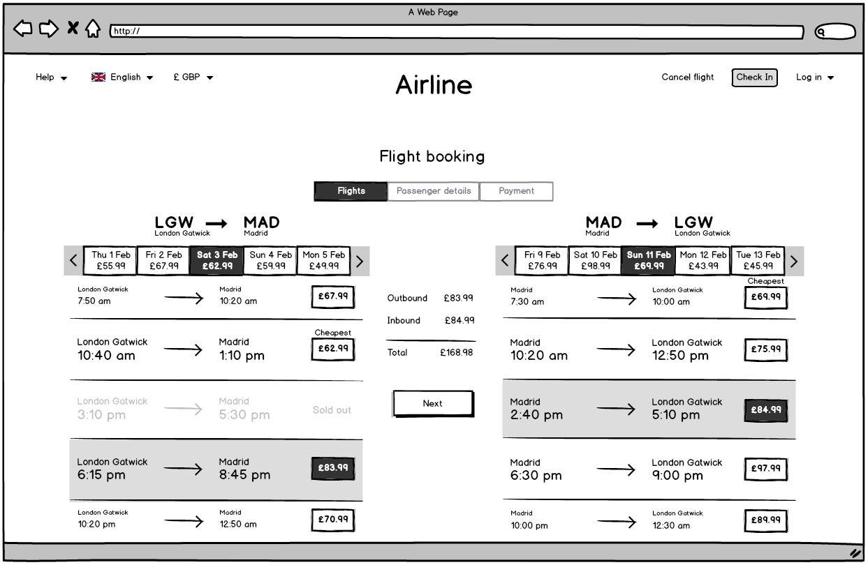 Screenshot of the airline website flight selection page
