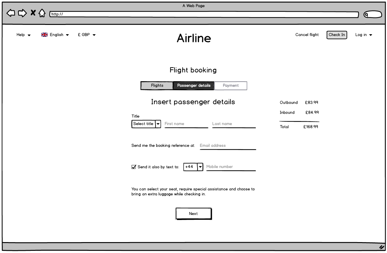 Screenshot of the airline website passenger details page