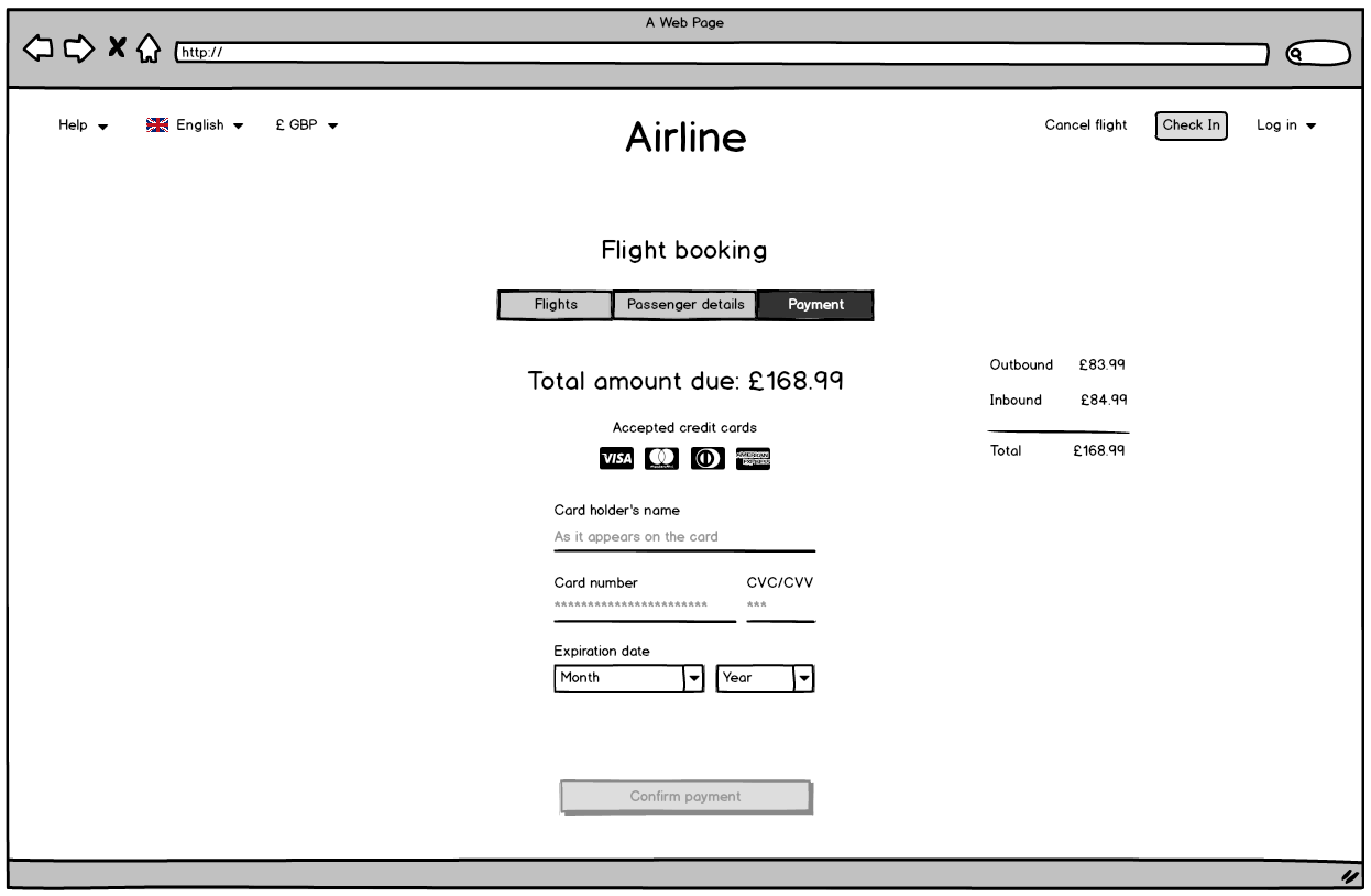 Screenshot of the airline website payment page