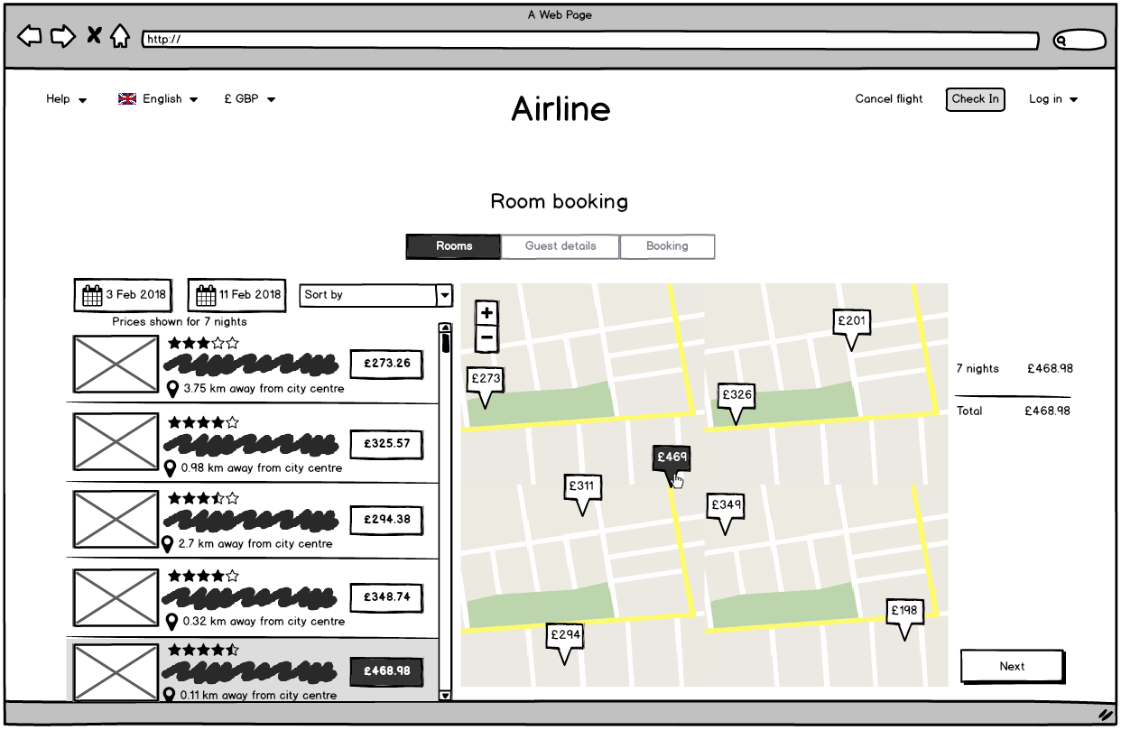 Screenshot of the airline website hotel room booking page