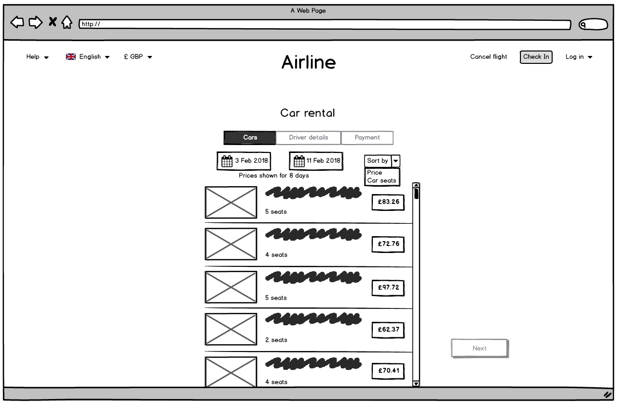 Screenshot of the airline website car rental page
