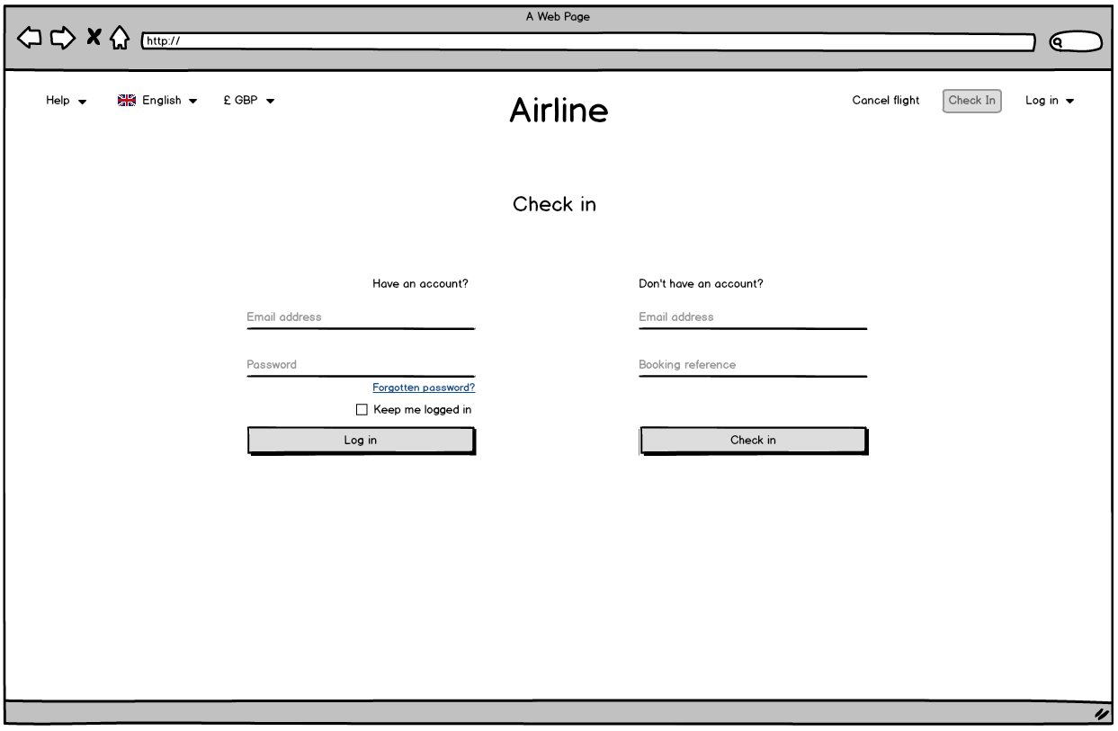 Screenshot of the airline website check in login page