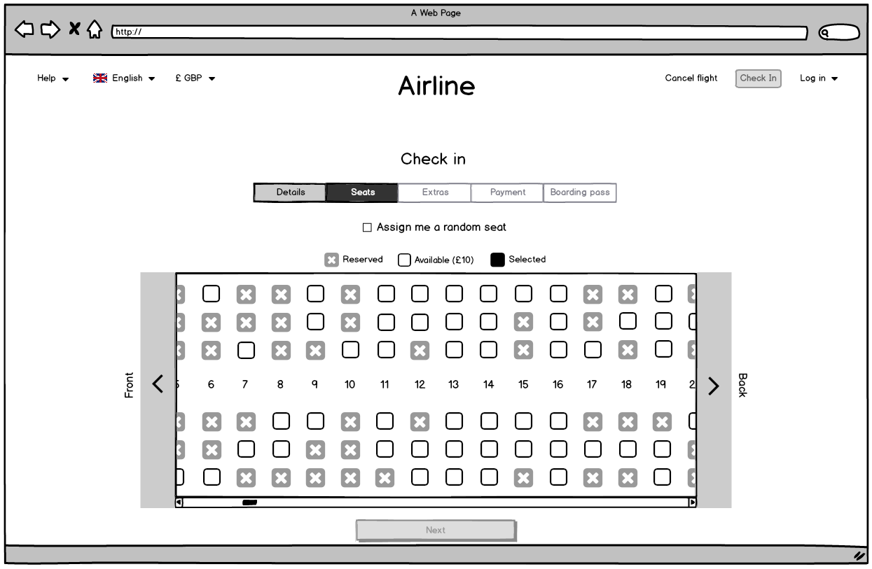 Screenshot of the airline website check in seat selection page