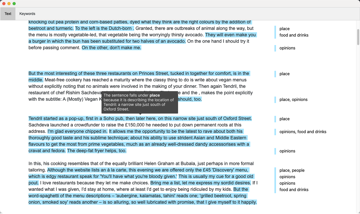 Screenshot of the TACA Keywords page