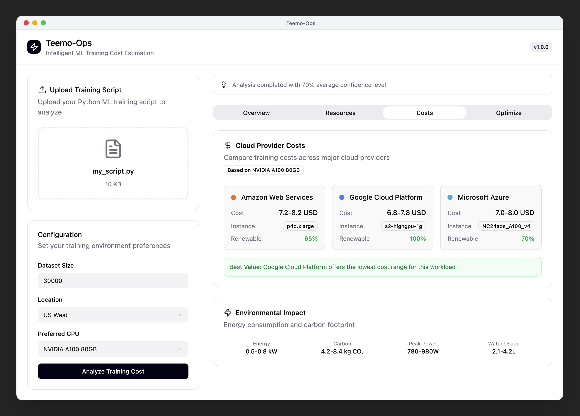 Mockup showing the costs page