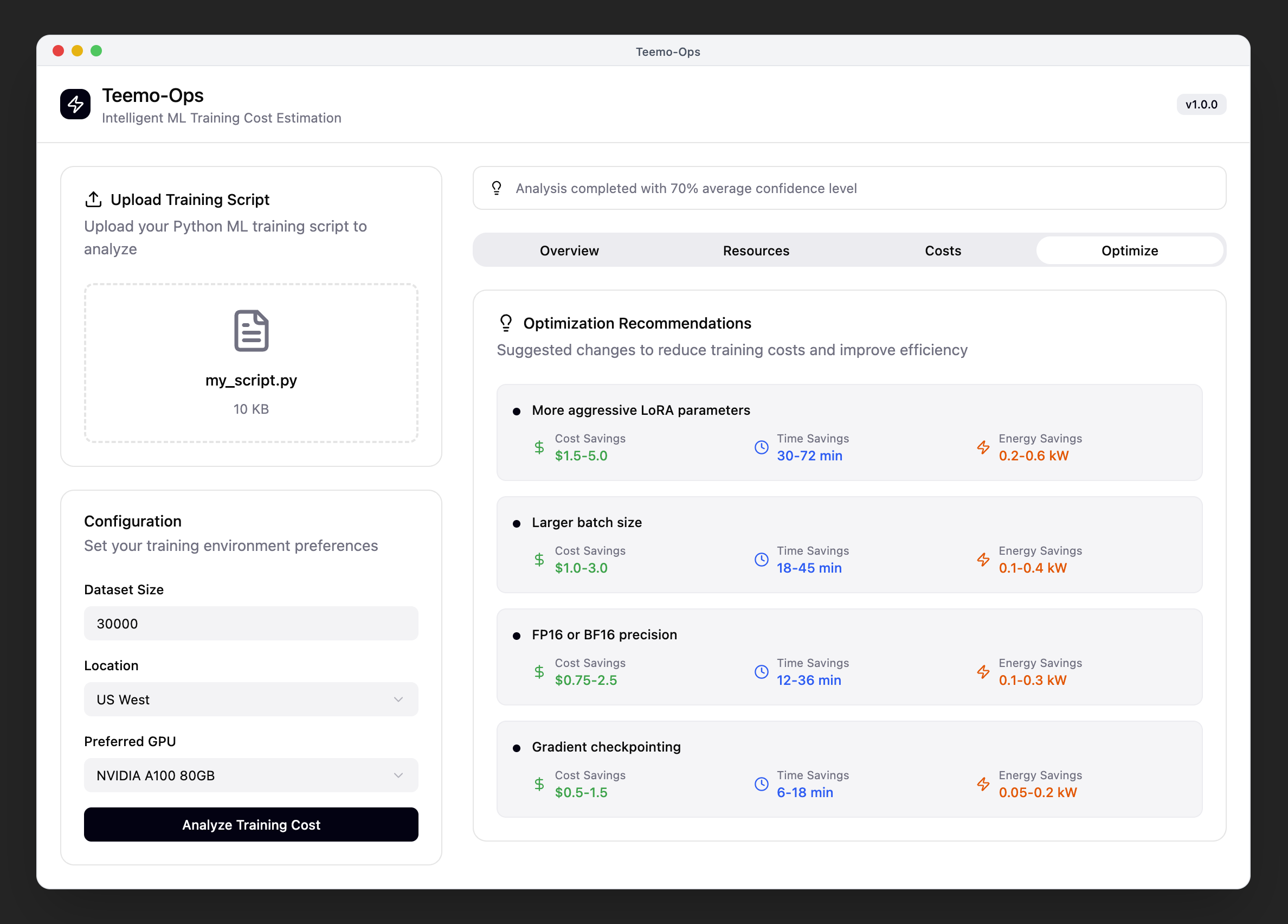 Mockup showing the optimization page