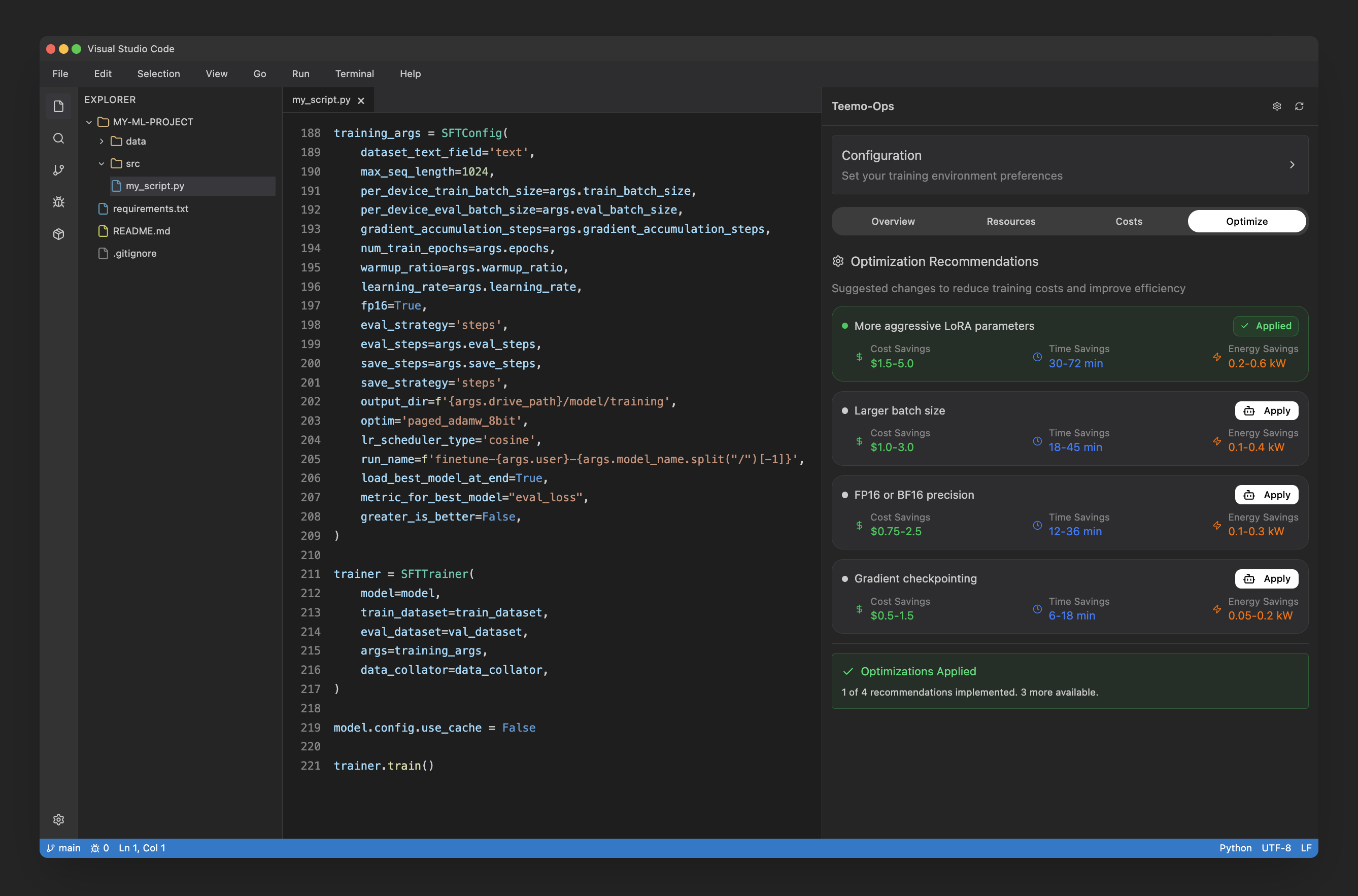 Mockup of the VS Code extension showing the optimization page
