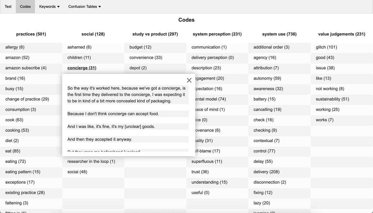 Screenshot of the TACA codes page